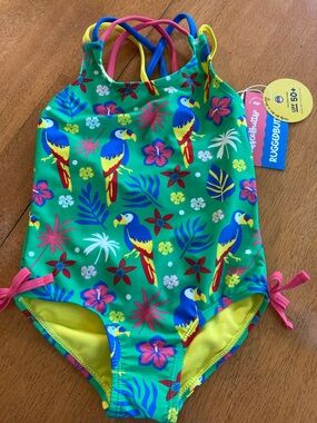 RuffleButts Parrot Palms Cross-Back One Piece Swimsuit - NWT!  3T
